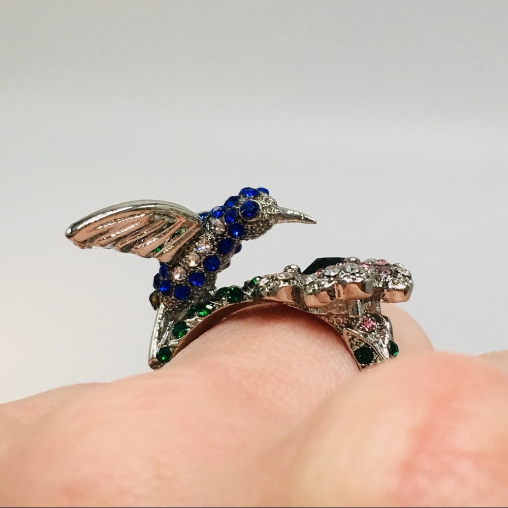 Hummingbird ring Swarovski crystals flower - Picture 8 of 8